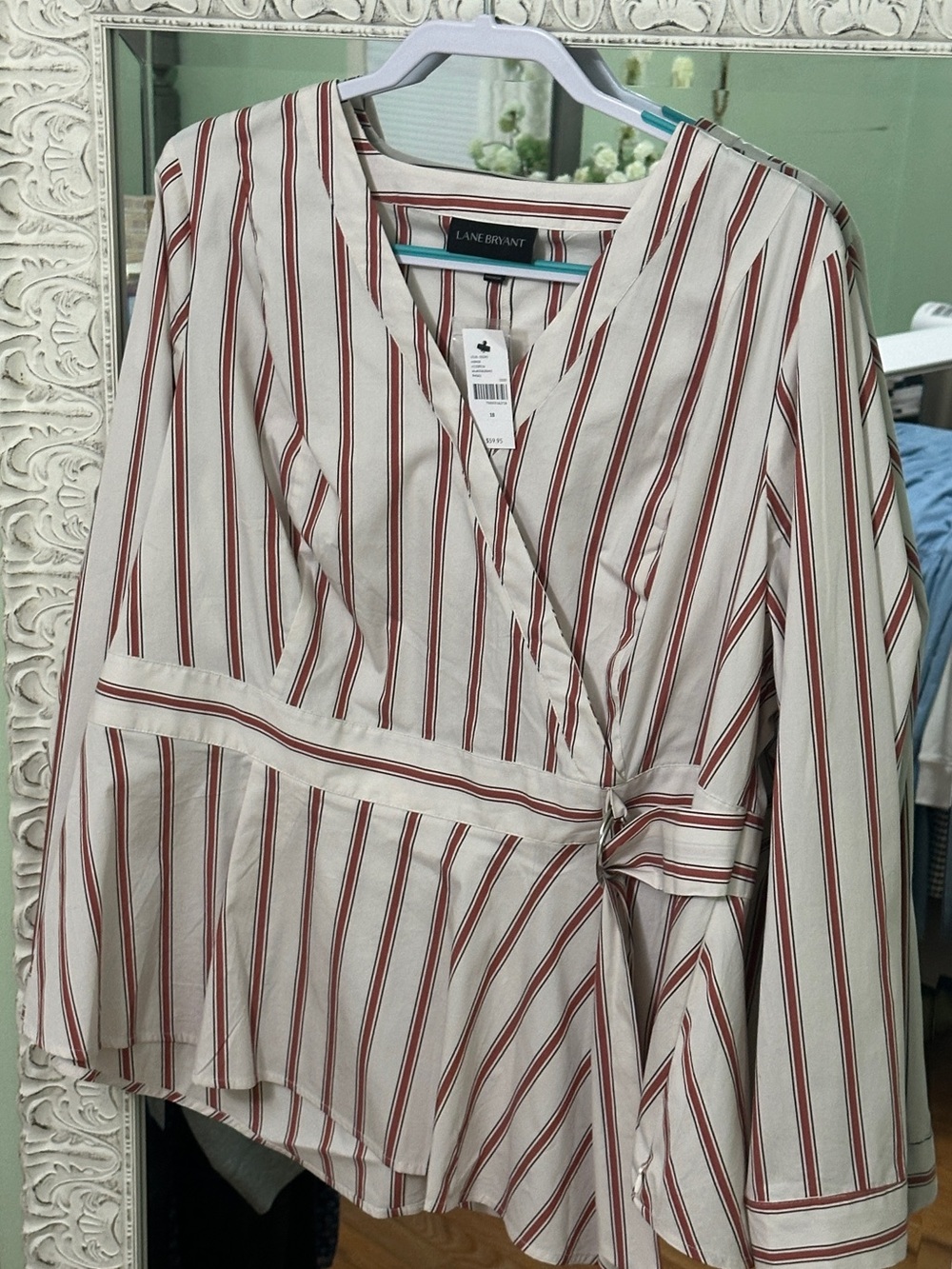 Lane Bryant Cream and Rust Striped Wrap Top | Size 18